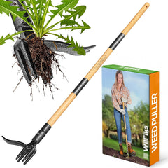 Stand-Up Heavy-Duty Weed Puller w/ Long Handle & Foot Platform - 4-Claw Steel Head, Bamboo Hand Weeder - Knee-Free Weed Removal