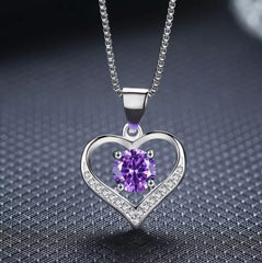 Women 925 Sterling Silver Pendant Necklace Heart Blue Purple CZ 18" chain Box