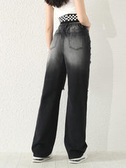 SweatyRocks Girl's Casual High Elastic Waist Ripped Jeans Straight Leg Denim Pants with Pocket