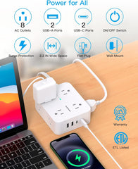 Surge Protecting Power Strip Extender, 5ft Ultra Thin Flat, 8 Outlets + 4 USB (2 USB-C), 1080J, Home/Office/Dorm Essentials.