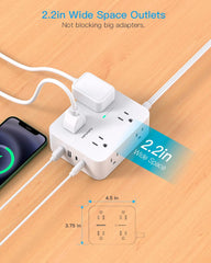 Surge Protecting Power Strip Extender, 5ft Ultra Thin Flat, 8 Outlets + 4 USB (2 USB-C), 1080J, Home/Office/Dorm Essentials.