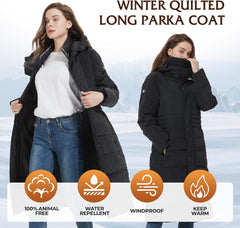 IKAZZ Women's Winter Coats, Thickened Warm Insulated Vegan Down Long Parka Jacket with Hood