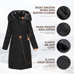 IKAZZ Women's Winter Coats, Thickened Warm Insulated Vegan Down Long Parka Jacket with Hood