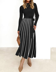 ZESICA Womens Spring Turtleneck Long Sleeve Sweater Dress Tie Waist Casual Loose Ribbed Knit A Line Midi Dresses