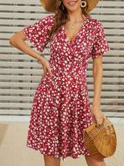 Womens Sundress Summer Floral Short Sleeve Wrap V Neck A-Line Midi Dress