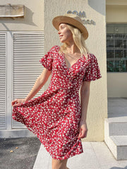 Womens Sundress Summer Floral Short Sleeve Wrap V Neck A-Line Midi Dress