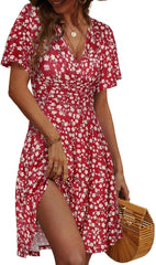 Womens Sundress Summer Floral Short Sleeve Wrap V Neck A-Line Midi Dress