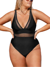 Women Plus Size One Piece Swimsuit V Neck Mesh Sheer Tummy Control Bathing Suit with Adjustable Wide Straps
