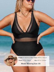 Women Plus Size One Piece Swimsuit V Neck Mesh Sheer Tummy Control Bathing Suit with Adjustable Wide Straps