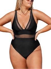 Women Plus Size One Piece Swimsuit V Neck Mesh Sheer Tummy Control Bathing Suit with Adjustable Wide Straps