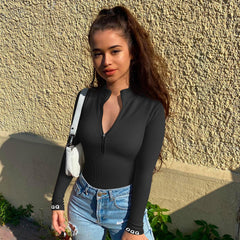 OQQ Women's 2 Piece Bodysuits Sexy Ribbed One Piece Zip Front Long Sleeve Tops Bodysuits