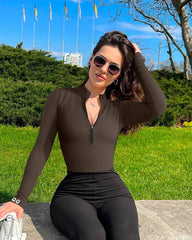 OQQ Women's 2 Piece Bodysuits Sexy Ribbed One Piece Zip Front Long Sleeve Tops Bodysuits