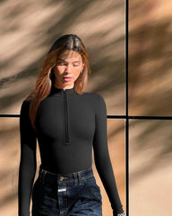 OQQ Women's 2 Piece Bodysuits Sexy Ribbed One Piece Zip Front Long Sleeve Tops Bodysuits