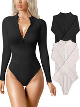OQQ Women's 2 Piece Bodysuits Sexy Ribbed One Piece Zip Front Long Sleeve Tops Bodysuits