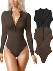OQQ Women's 2 Piece Bodysuits Sexy Ribbed One Piece Zip Front Long Sleeve Tops Bodysuits