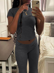 AYWA Women's 2 Piece Lounge Sets Short Sleeve Crop Top Foldover Flare Pants Casual Pajama Outfits