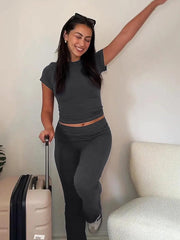 AYWA Women's 2 Piece Lounge Sets Short Sleeve Crop Top Foldover Flare Pants Casual Pajama Outfits