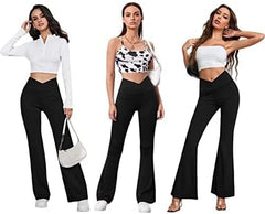 Women's Flare Leggings with Pockets-Crossover High Waisted Bootcut Yoga Pants-Tummy Control Bell Bottom Leggings