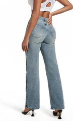 Womens Jeans Hig Waisted Straight Leg Loose Stretchy Tummy Control Trendy Side Slit Jeans for Women 2024