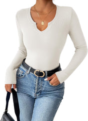 Zeagoo Womens Long Sleeve Shirts V-Neck Slim Fitted Knit Top Stretch Ribbed Basic Tee Casual Y2k Going Out T-Shirt