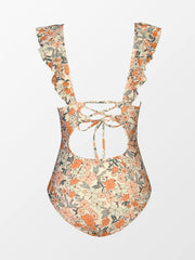 Women's Ruffled One Piece Swimsuit V Neck Lace Up