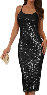 GRACE KARIN Womens Sequin Sparkly Dresses Formal Spaghetti Strap Midi Bodycon Dress Glitter Backless Wedding Cami Dress Slit