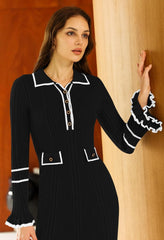 Pink Queen Women's V Neck Bodycon Sweater Dress 2024 Long Sleeve Half Button Slim Fitted Ruffle Ribbed Knit Maxi Pencil Dress