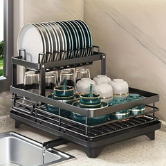 Double Tier Metal Utensil Holder: Large Capacity, Space Saving Rust-Resistant Carbon Steel with Drain Board & Cup Rack for Kitchen Countertops