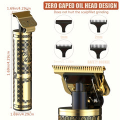 Professional 3-in-1 Men's Gold Hair Clipper & Trimmer Kit w/ USB Charging LCD Display, Shaver, T-Blade, 8 Guards, Accessories - Ideal Gift