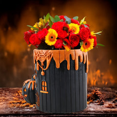 Classic resin pumpkin house planter, round desktop with drainage hole, painted finish for home/balcony/indoor/outdoor decor.