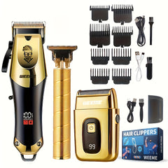 Professional 3-in-1 Men's Gold Hair Clipper & Trimmer Kit w/ USB Charging LCD Display, Shaver, T-Blade, 8 Guards, Accessories - Ideal Gift