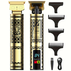 Professional 3-in-1 Men's Gold Hair Clipper & Trimmer Kit w/ USB Charging LCD Display, Shaver, T-Blade, 8 Guards, Accessories - Ideal Gift