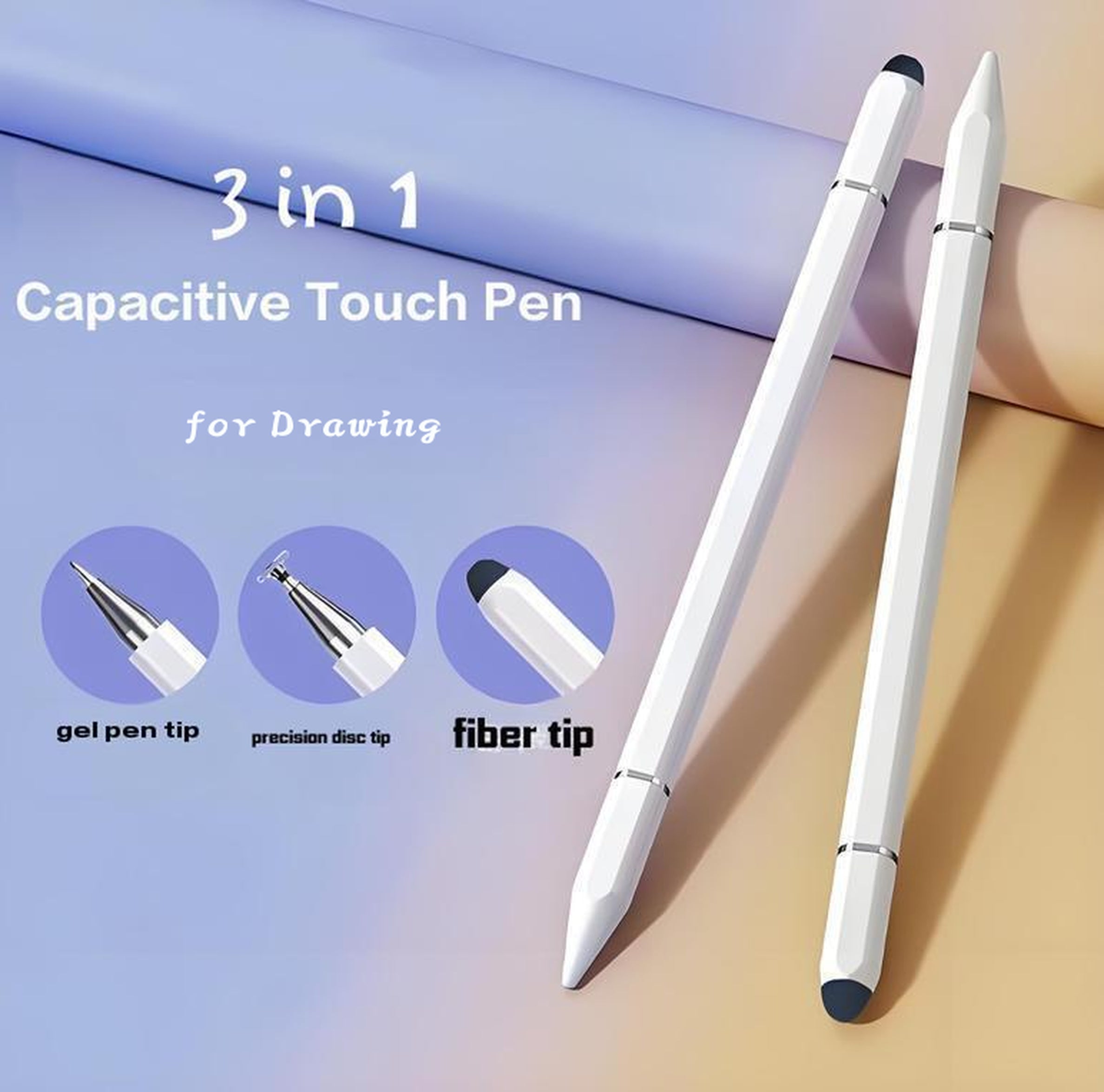 3 in 1 capacitive touch pen with gel, precision disc, and fiber tips, ideal for drawing and digital use.
