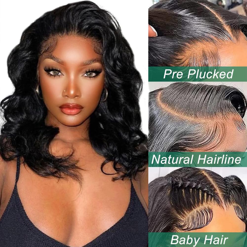 13x4 Frontal Lace Wig 14 Inch Body Wave 180% Density HD Lace Front Wigs Human Hair Pre Plucked Bob Wigs for Women (14 inch, Natural Black)