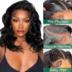 13x4 Frontal Lace Wig 14 Inch Body Wave 180% Density HD Lace Front Wigs Human Hair Pre Plucked Bob Wigs for Women (14 inch, Natural Black)