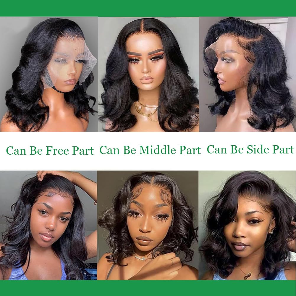 13x4 Frontal Lace Wig 14 Inch Body Wave 180% Density HD Lace Front Wigs Human Hair Pre Plucked Bob Wigs for Women (14 inch, Natural Black)