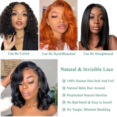 13x4 Frontal Lace Wig 14 Inch Body Wave 180% Density HD Lace Front Wigs Human Hair Pre Plucked Bob Wigs for Women (14 inch, Natural Black)