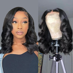 13x4 Frontal Lace Wig 14 Inch Body Wave 180% Density HD Lace Front Wigs Human Hair Pre Plucked Bob Wigs for Women (14 inch, Natural Black)