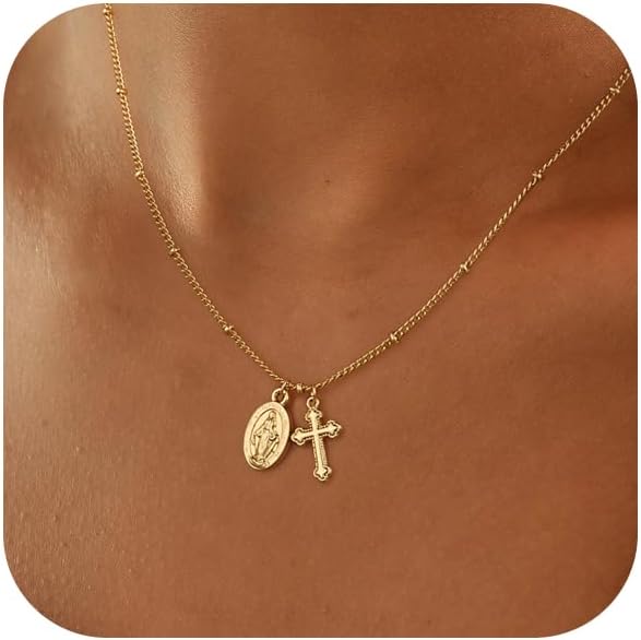 Cross Necklace for Women 14K Real Gold Silver Plated Dainty Pendant ChokerCross Charm Chain Necklace Faith Jewelry