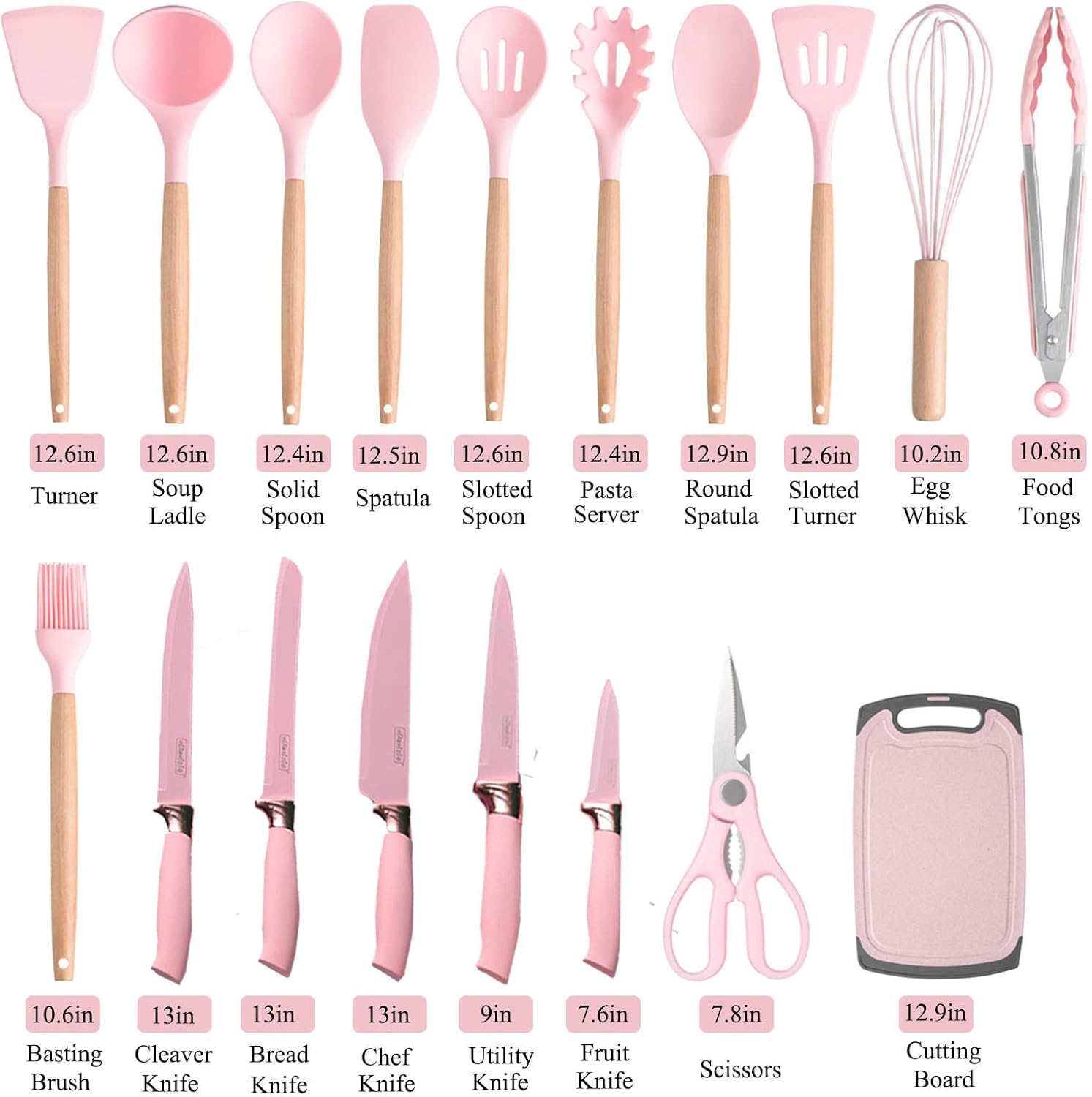 19-Piece Kitchen Knife Set—Stainless Steel & Silicone (Pink, Non-stick, Sharp, Family Gift)