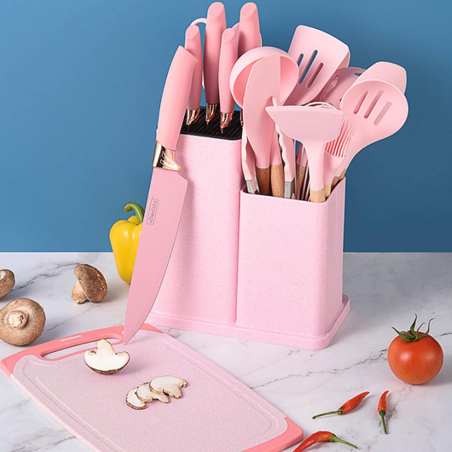 19-Piece Kitchen Knife Set—Stainless Steel & Silicone (Pink, Non-stick, Sharp, Family Gift)
