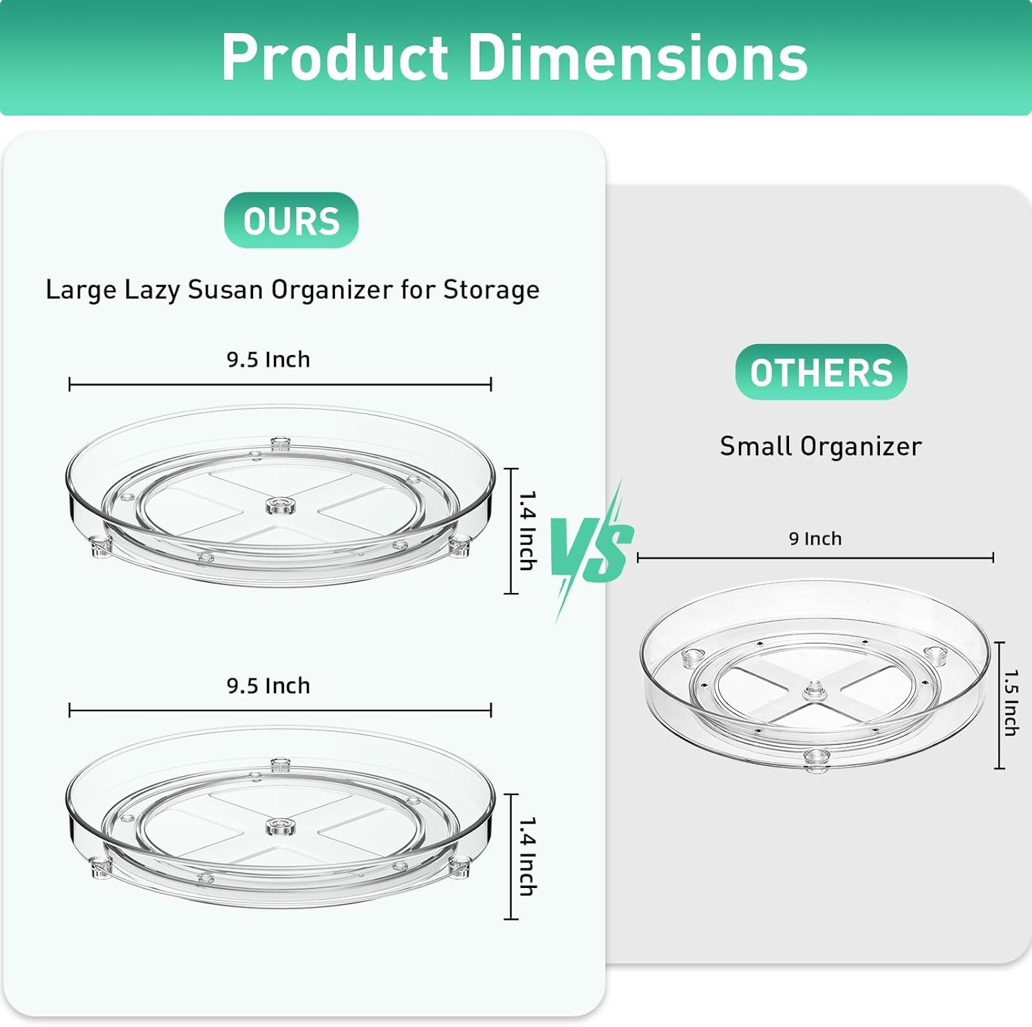 2-Pack 9.5" 10.5" 11" Lazy Susan Turntable - Non-Skid Fridge & Cabinet Organizer