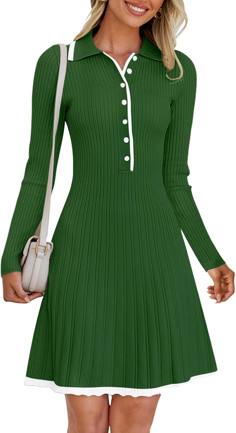 Vestido mini plisado de punto acanalado con botones y manga larga con cuello en V para mujer de MEROKEETY Otoño 2024 