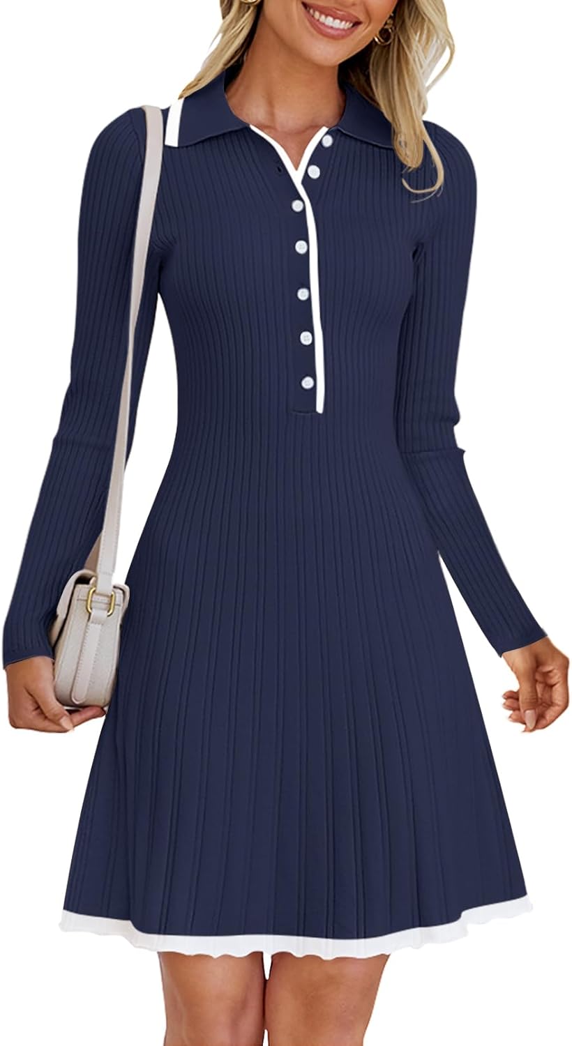 Vestido mini plisado de punto acanalado con botones y manga larga con cuello en V para mujer de MEROKEETY Otoño 2024 
