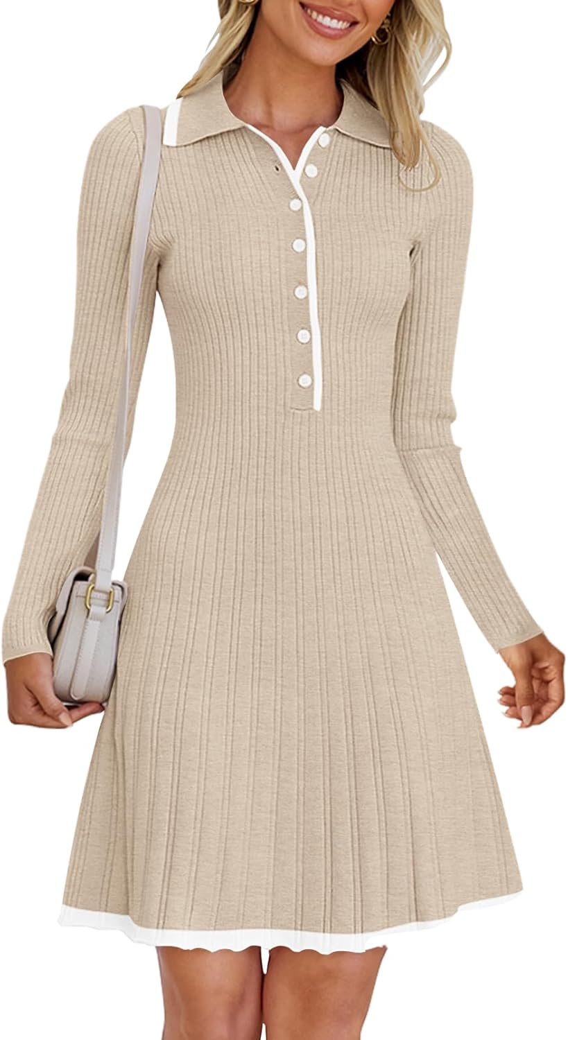 Vestido mini plisado de punto acanalado con botones y manga larga con cuello en V para mujer de MEROKEETY Otoño 2024 