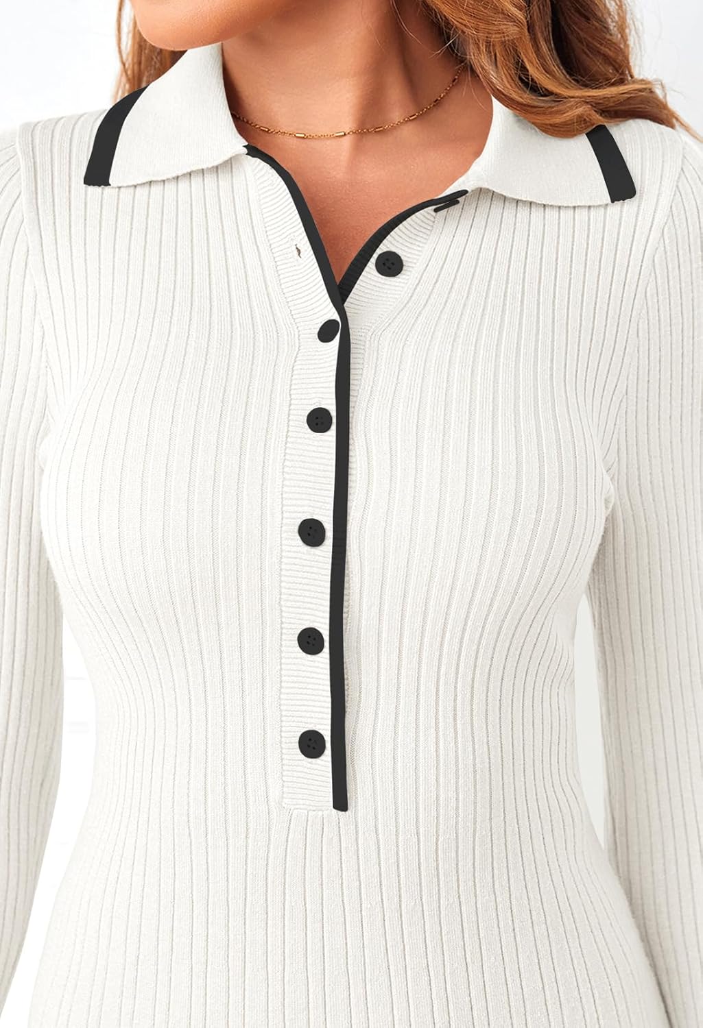 Vestido mini plisado de punto acanalado con botones y manga larga con cuello en V para mujer de MEROKEETY Otoño 2024 