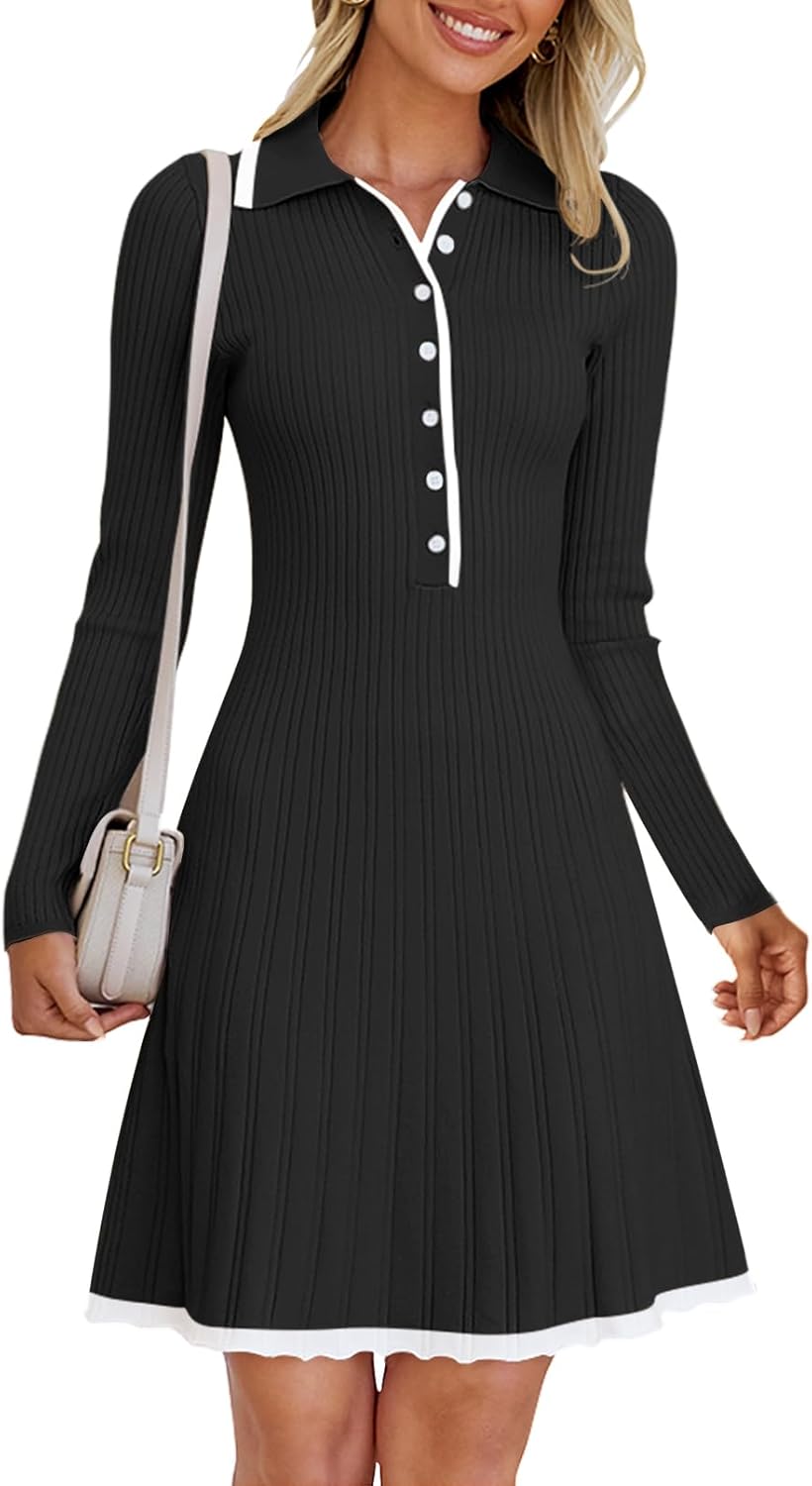 Vestido mini plisado de punto acanalado con botones y manga larga con cuello en V para mujer de MEROKEETY Otoño 2024 