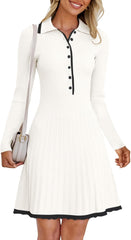 Vestido mini plisado de punto acanalado con botones y manga larga con cuello en V para mujer de MEROKEETY Otoño 2024 