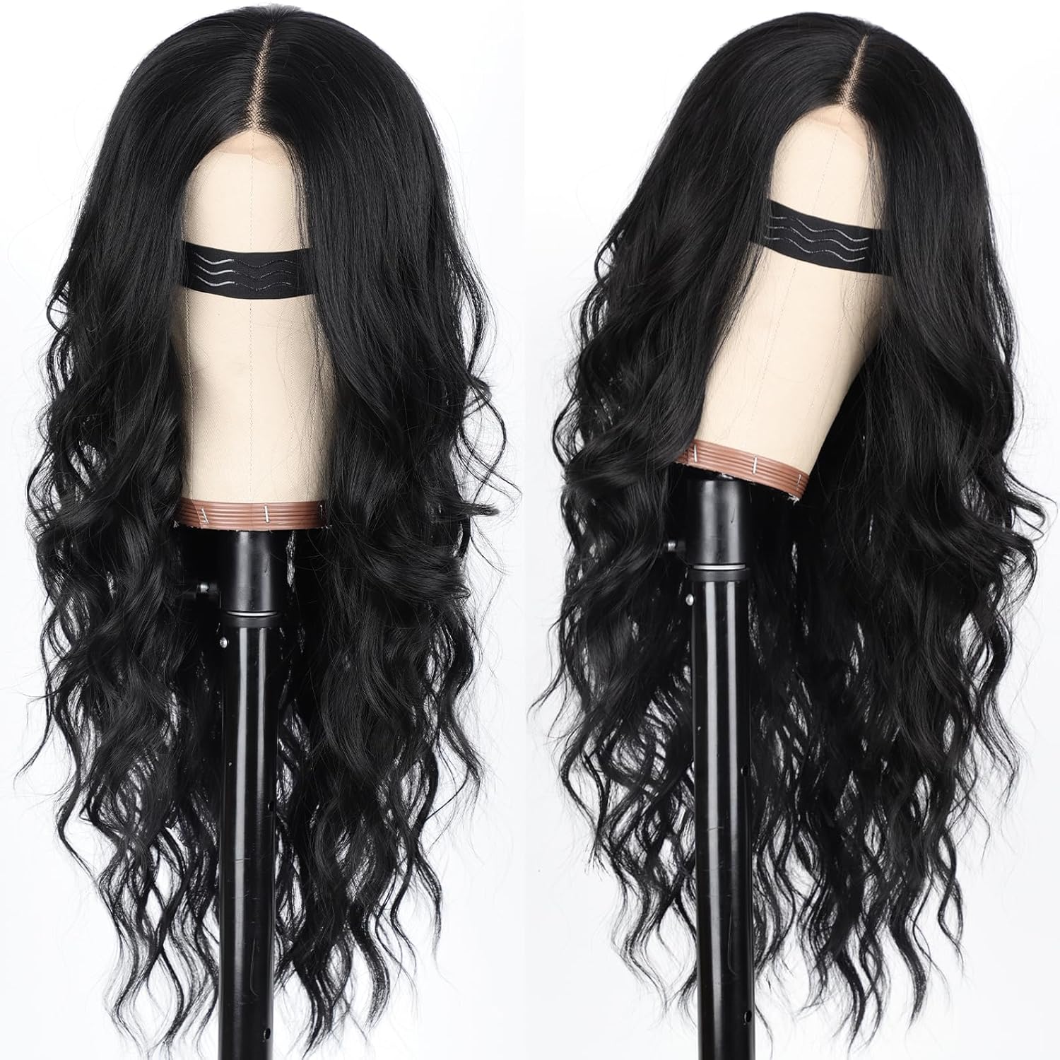 26 Inch Black Wig for Women, Long Wavy Lace Hairline Middle Part Synthetic Heat Resistant Wig for Daily Party
