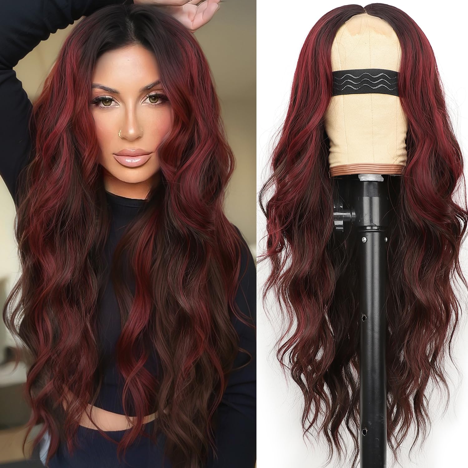 26 Inch Black Wig for Women, Long Wavy Lace Hairline Middle Part Synthetic Heat Resistant Wig for Daily Party